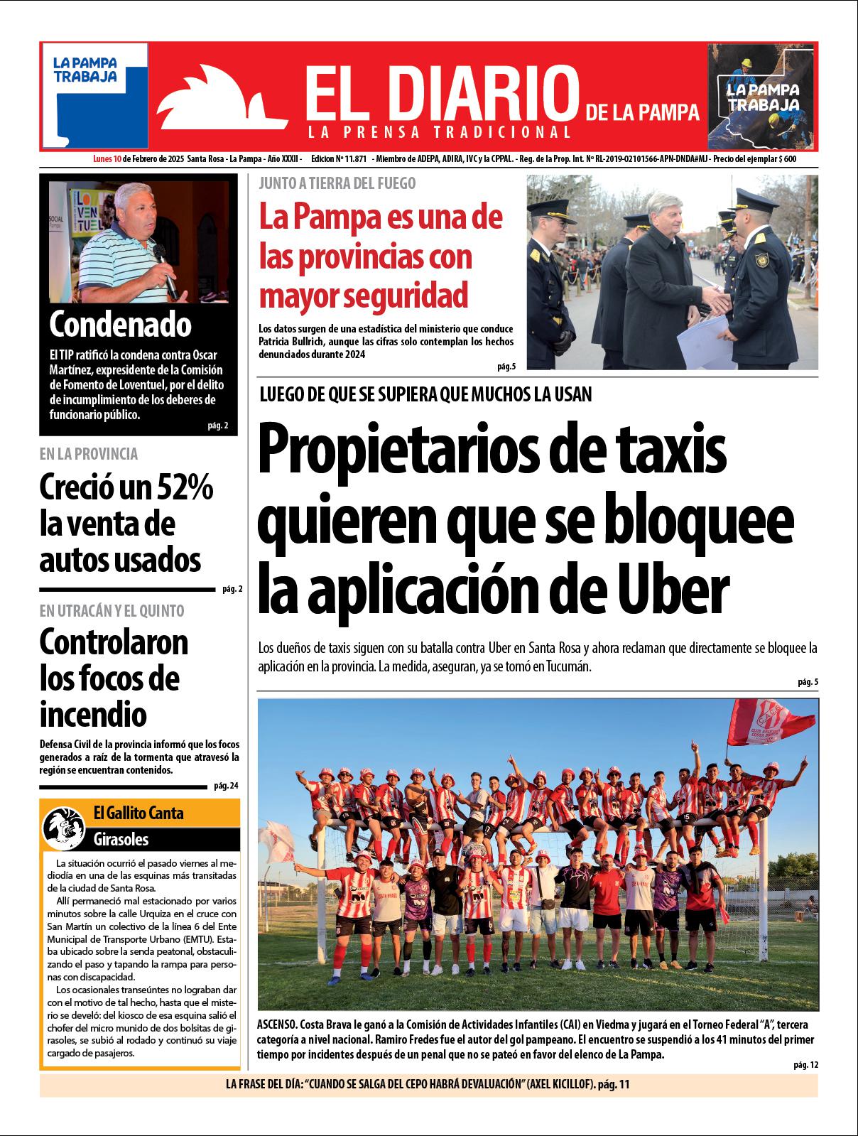 Tapa de El Diario en papel  lunes 10 de febrero de 2025